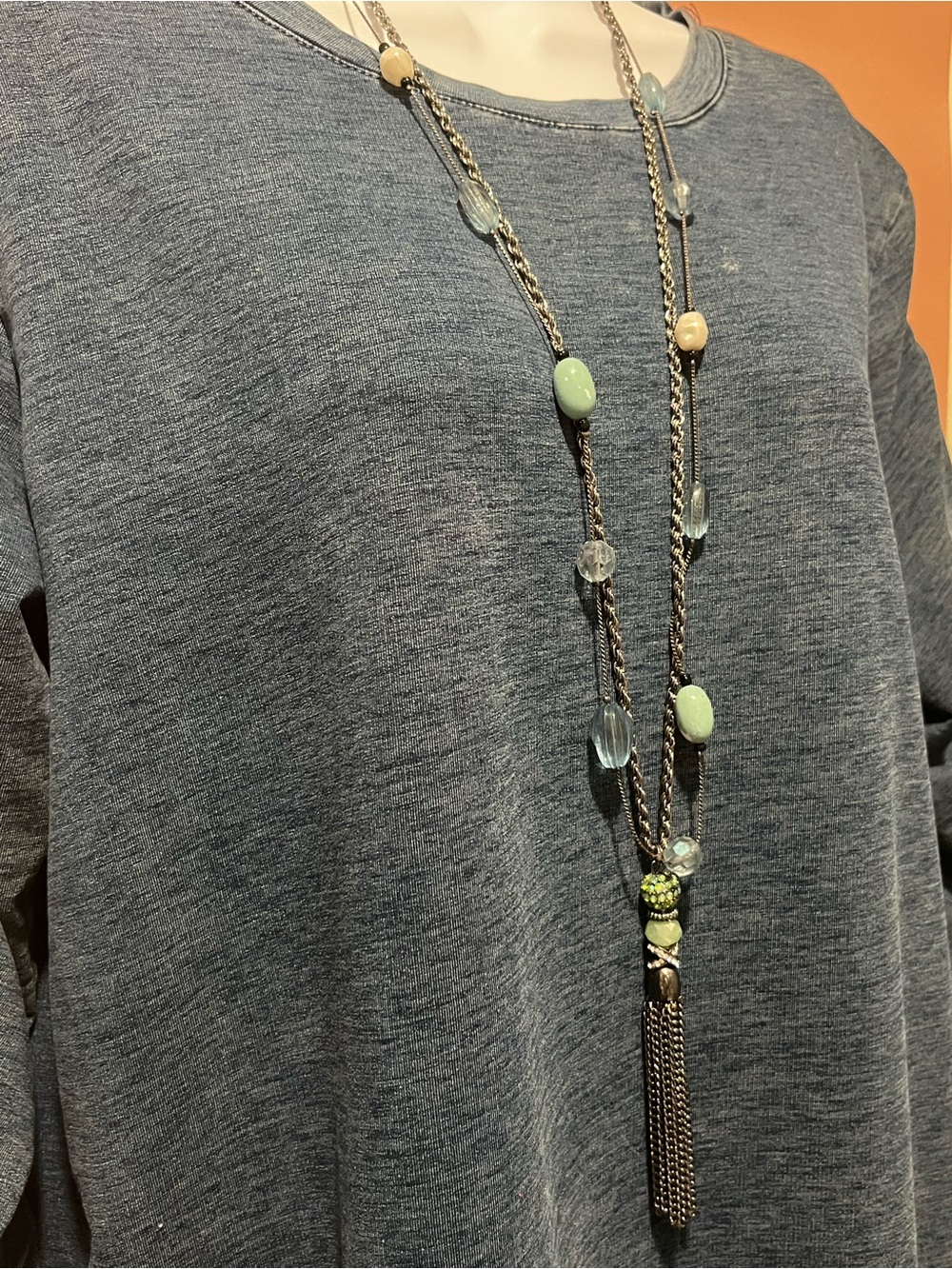 Set of Necklaces - Gunmetal Tassel and Light Green and Clear Beads